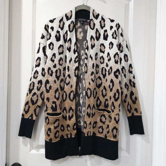 ANN TAYLOR White Gold Black Ombre Leopard Pocket Cardigan, Wool Blend, XS - Picture 1 of 12